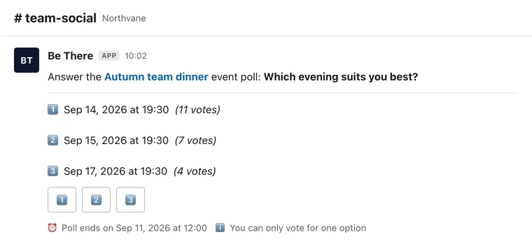 Slack date poll from the Be There app with three proposed dates, live vote counts on each option, and the poll closing time in the footer