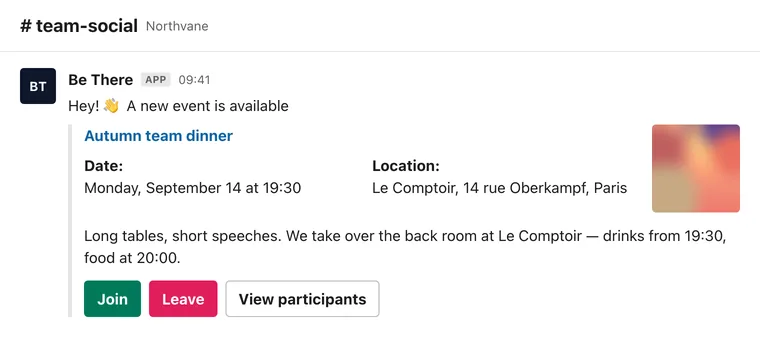 Slack event announcement in #team-social for an autumn team dinner, with date, location, and Join, Leave and View participants buttons